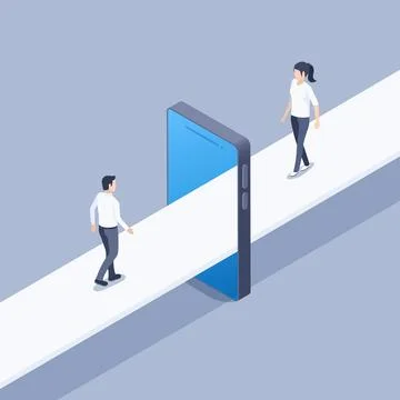 Isometric vector illustration on gray background, online meeting, man and wom 스톡 일러스트
