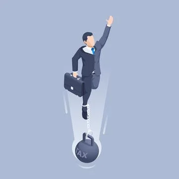 Isometric vector illustration on a gray background, the burden of taxes, a ma Stock Illustration