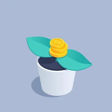 Isometric vector illustration on gray background, money sprout, flowerpot wit Illustrazione stock