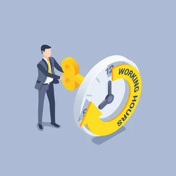 Isometric vector illustration on gray background, working hours, a man in a b Illustrazione stock