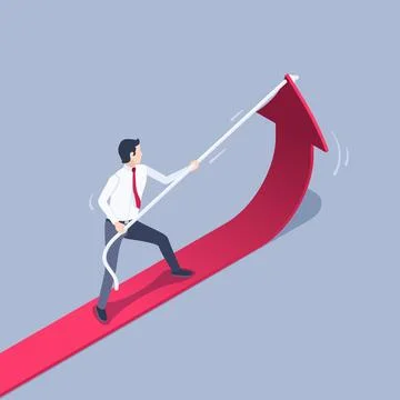 Isometric vector illustration on gray background, raise income, a man in busi Stock Illustration