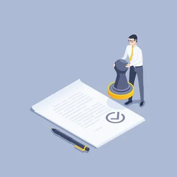 Isometric vector illustration on gray background, document approval, man in b Stock Illustration