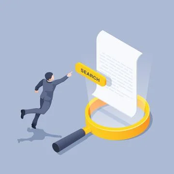 Isometric vector illustration on gray background, search for document, man in Stockillustratie