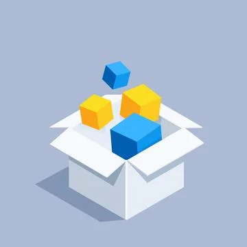 Isometric vector illustration on gray background, box icon and colored cubes  Stock Illustration