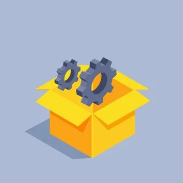 Isometric vector illustration on gray background, yellow color box icon and b Stock Illustration