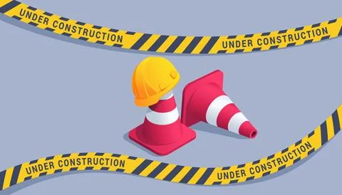 Isometric vector illustration on gray background, traffic cones with sign and Stock Illustration