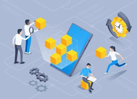 Isometric vector illustration on gray background, smartphone with abstract cu Stockillustratie