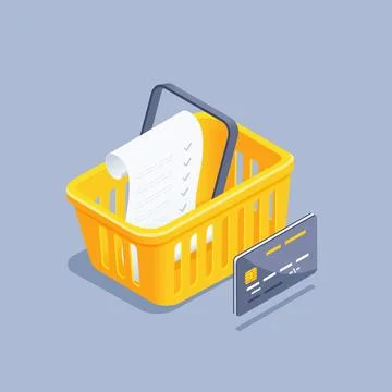 Isometric vector illustration on gray background, yellow grocery basket with  イラスト素材