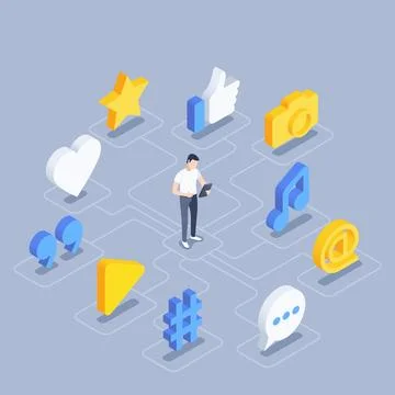 Isometric vector illustration on gray background, man with smartphone and soc Illustrazione stock