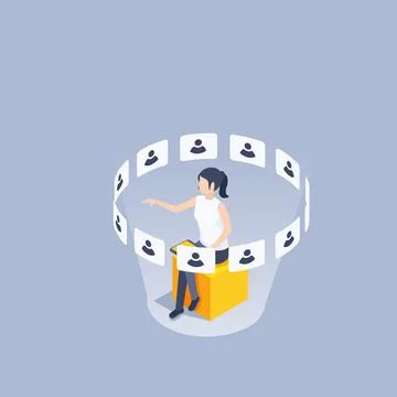 Isometric vector illustration on a gray background, a woman with a tablet sit Stock Illustration