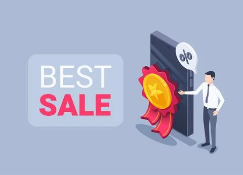 Isometric vector illustration on gray background, man points to smartphone wi Stock Illustration