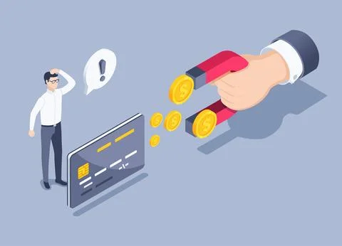 Isometric vector illustration on a gray background, a bank card and a hand wi Stock Illustration