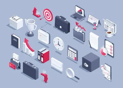 Isometric vector illustration on gray background, business icons set, portfol 스톡 일러스트