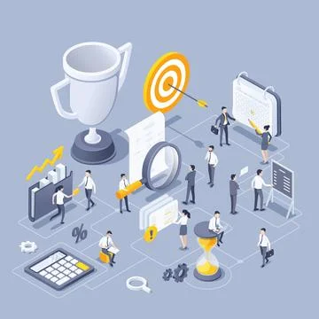 Isometric vector illustration on gray background, people in business clothes  Stock Illustration