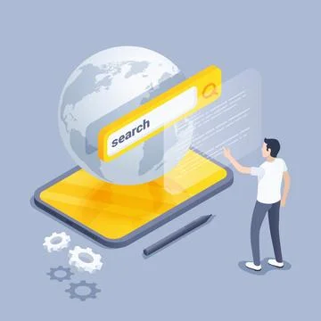 Isometric vector illustration on a gray background, the globe over the tablet 스톡 일러스트