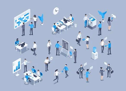 Isometric vector illustration on gray background, office workers in different Stock Illustration