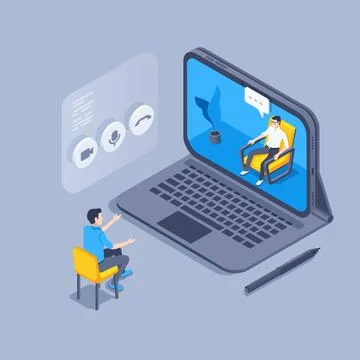 Isometric vector illustration on gray background, man communicates online wit Illustrazione stock