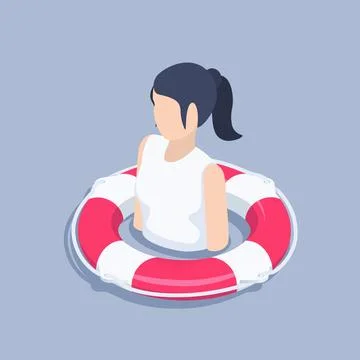 Isometric vector illustration on gray background, lifebuoy and icon of a woma Stock Illustration