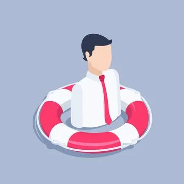 Isometric vector illustration on gray background, lifebuoy and icon of a man  Stock Illustration