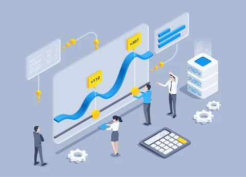 Isometric vector illustration on a gray background, people in business clothe Stock Illustration