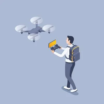 Isometric vector illustration on gray background, man with backpack and drone Stock Illustration