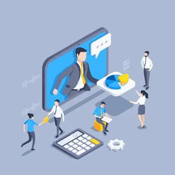 Isometric vector illustration on gray background, man in business suit on tab Stock Illustration