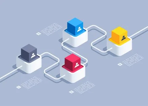 Isometric vector illustration on gray background, connected sequentially four 스톡 일러스트
