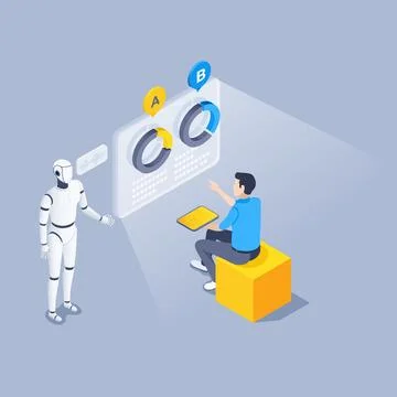 Isometric vector illustration on gray background, robot next to data screen a 스톡 일러스트