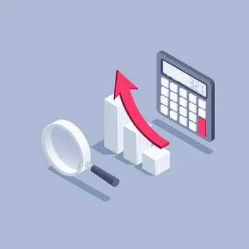 Isometric vector illustration on gray background, calculator and chart icon w Illustrazione stock
