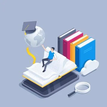 Isometric vector illustration on a gray background, open book on the tablet s 스톡 일러스트