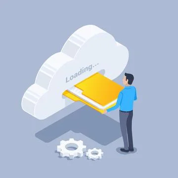 Isometric vector illustration on gray background, man uploads folder with doc Stock Illustration