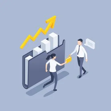 Isometric vector illustration on a gray background, a folder with a chart and 스톡 일러스트