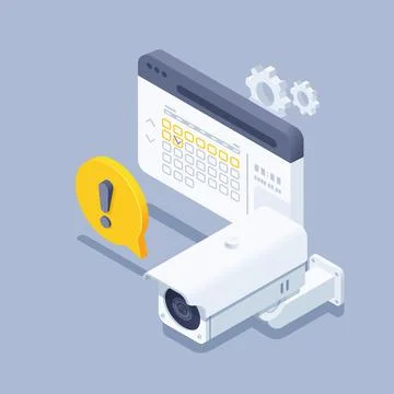 Isometric vector illustration on gray background, cctv camera and calendar in Stock Illustration