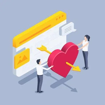 Isometric vector illustration on gray background, man and woman holding big h Stock Illustration