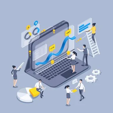 Isometric vector illustration on a gray background, charts and graphs on a ta Stock Illustration