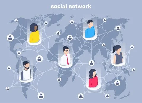 Isometric vector illustration on gray background, network with users and peop Stock Illustration