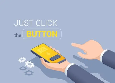 Isometric vector illustration on gray background, just click on the button, t 스톡 일러스트