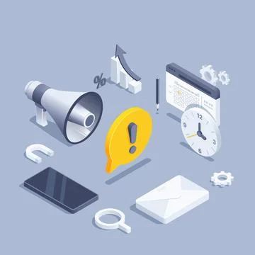 Isometric vector illustration on gray background, loudspeaker with text bubbl Illustrazione stock