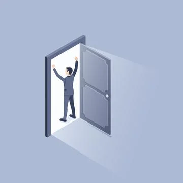 Isometric vector illustration on a gray background, an open door and a man in イラスト素材