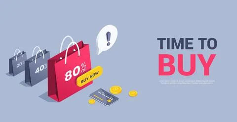 Isometric vector illustration on gray background, paper shopping bags with pe Stock Illustration