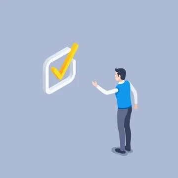 Isometric vector illustration on a gray background, a man puts a check mark i Stock Illustration