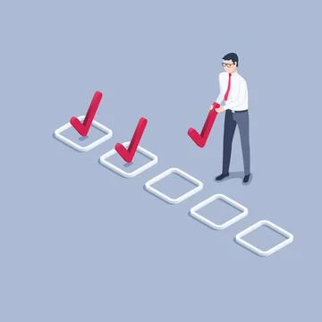 Isometric vector illustration on gray background, man in business clothes put Stock Illustration