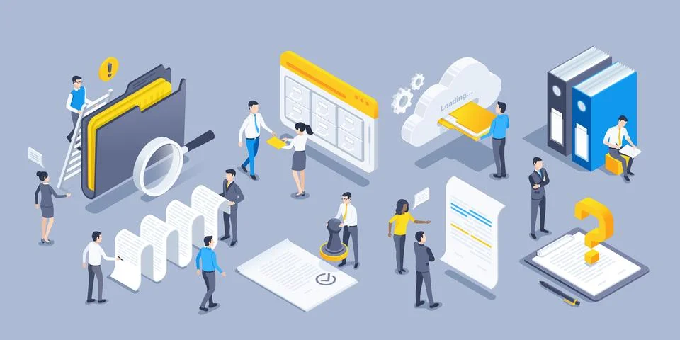 Isometric vector illustration on a gray background, a set of objects and peop Stock Illustration