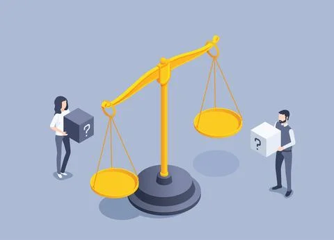 Isometric vector illustration on gray background, vintage scales and a man wi Stock Illustration
