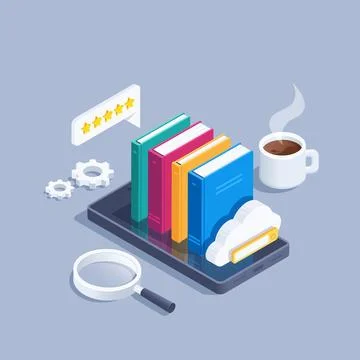 Isometric vector illustration on a gray background, online library, on the sm Illustrazione stock