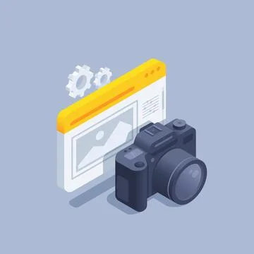 Isometric vector illustration on gray background, SLR camera near image editi Illustrazione stock