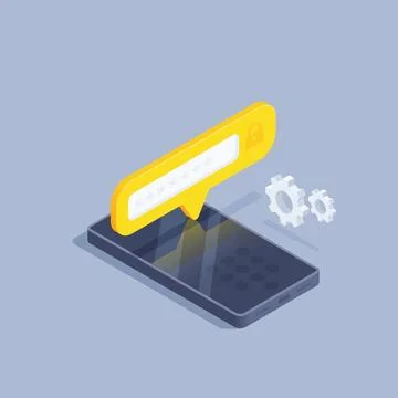 Isometric vector illustration on gray background, smartphone and text bubble  库存插图