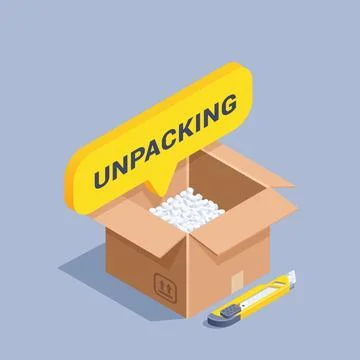 Isometric vector illustration on gray background, open box with foam balls an Stock Illustration