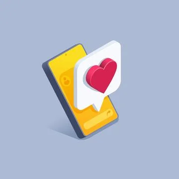 Isometric vector illustration on gray background, message with heart on smart Stock Illustration