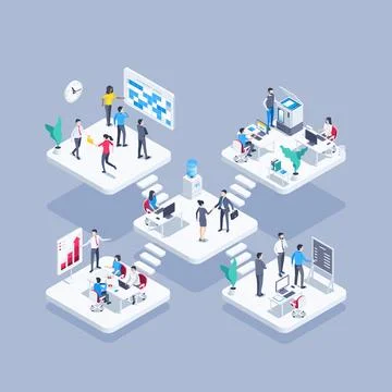 Isometric vector illustration on gray background, office workers in different Stock Illustration